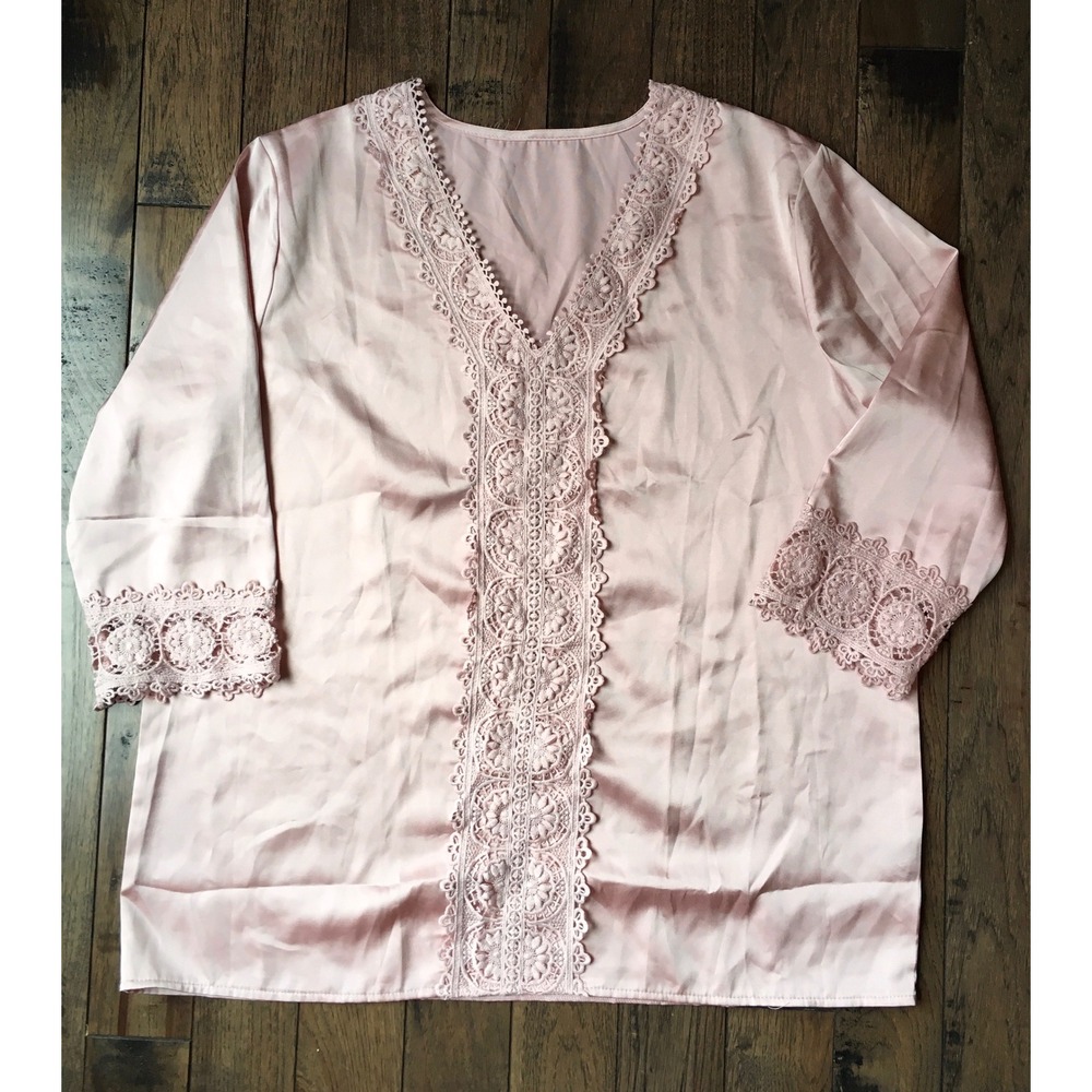 SHEIN Pink Satin Lace Trim V-Neck Blouse 3/4 Sleeve XL Boho Romantic Top